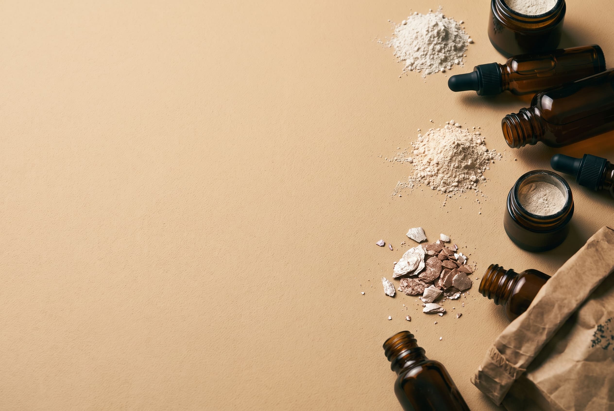 Amber glass bottles and mounds of raw material powders on a sand-coloured bench